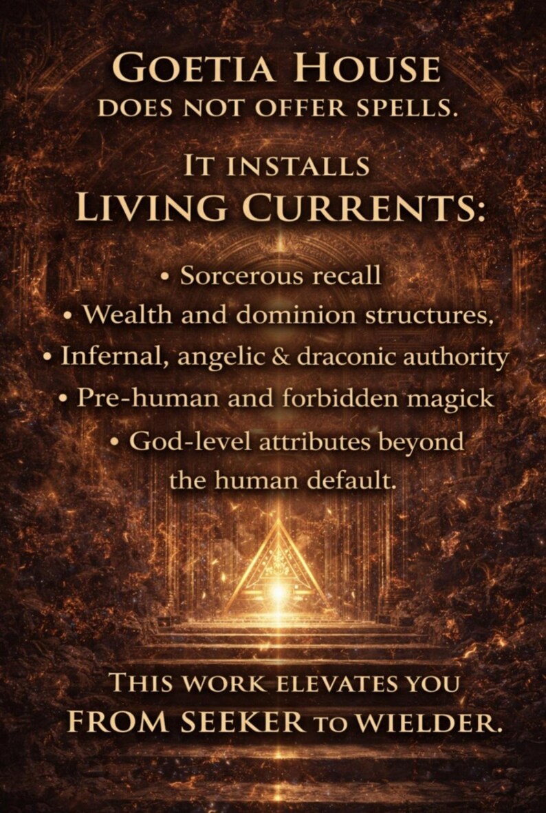 May include: A digitally created image with a brown and gold color scheme. The text reads "GOETIA HOUSE DOES NOT OFFER SPELLS. IT INSTALLS LIVING CURRENTS:" followed by a list of attributes. The bottom of the image says "THIS WORK ELEVATES YOU FROM SEEKER TO WIELDER."