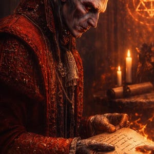 Puede incluir: Ilustración digital de una figura demoníaca con una túnica roja ornamentada, leyendo un pergamino. La figura tiene cuernos grandes, orejas puntiagudas y ojos rojos brillantes. El fondo es una escena infernal y ardiente con velas y un pentagrama.