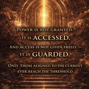 May include: An inspirational image with a golden, ethereal design. The text reads: "POWER IS NOT GRANTED. IT IS ACCESSED. AND ACCESS IS NOT GIVEN FREELY - IT IS GUARDED. ONLY THOSE ALIGNED TO THE CURRENT EVER REACH THE THRESHOLD."