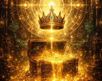 May include: A digital illustration of a treasure scene. A gold crown with green jewels floats above an open treasure chest overflowing with gold coins. The background features a glowing, ornate design.