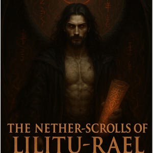 May include: Digital art of a dark-haired figure with red eyes and black wings, holding a glowing scroll. The image features the text "THE NETHER-SCROLLS OF LILITU-RAEL" and "FIRST CONSORT OF NIGHT" with the Goetia House logo.