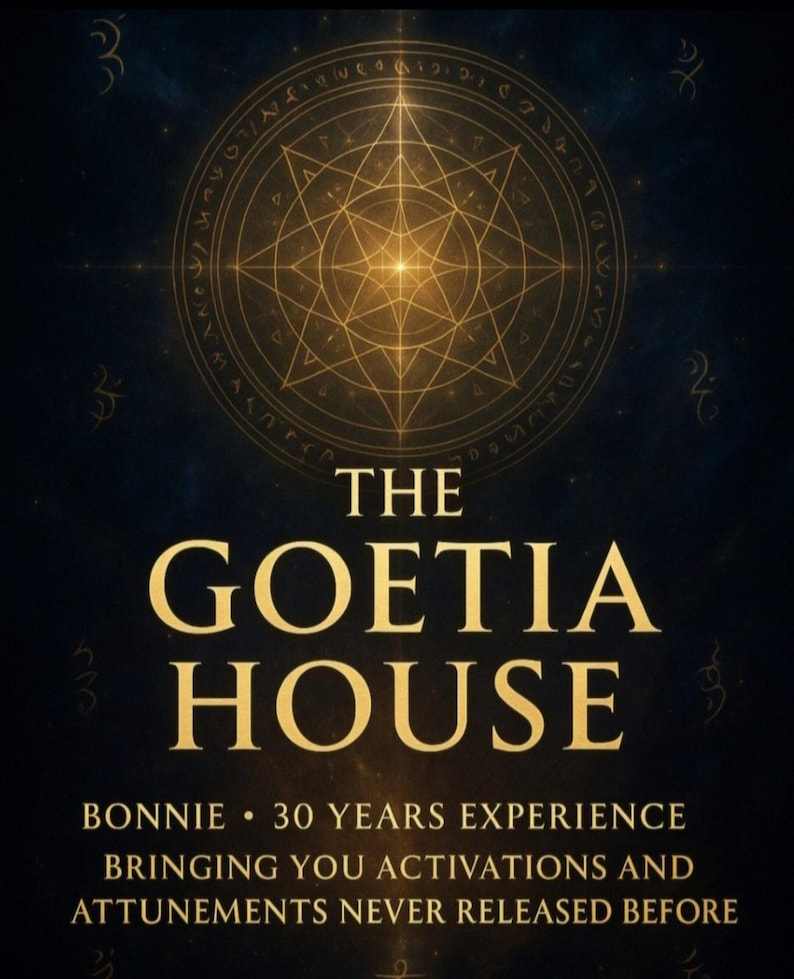 Puede incluir: Gr&aacute;fico azul oscuro con texto dorado y dise&ntilde;o circular. El texto dice "THE GOETIA HOUSE" y "BONNIE &bull; 30 YEARS EXPERIENCE BRINGING YOU ACTIVATIONS AND ATTUNEMENTS NEVER RELEASED BEFORE". El dise&ntilde;o presenta un patr&oacute;n en forma de estrella.