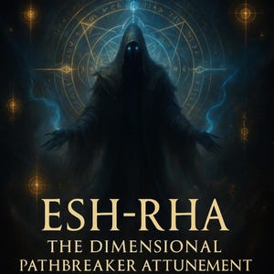 May include: Digital art poster featuring a hooded figure with glowing blue eyes and outstretched hands. The text reads "ESH-RHA" and "THE DIMENSIONAL PATHBREAKER ATTUNEMENT". Additional text includes "Abyssal Navigator Intelligence" and "Astral-Dimensional Travel Recalibration".