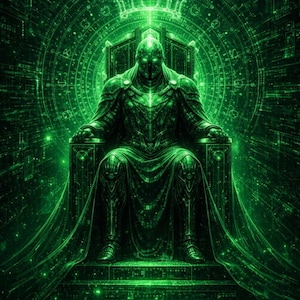 Könnte beinhalten: Digitales Kunstwerk, das eine gepanzerte Figur auf einem Thron zeigt. Die Arbeit ist in Grüntönen gehalten und weist komplizierte Details und eine futuristische Ästhetik auf. Über dem Kopf der Figur schwebt eine Krone, und der Hintergrund zeigt ein komplexes Netzwerkdesign.