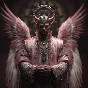 Pode incluir: Imagem de arte digital de uma figura com pele vermelha, chifres e asas. A figura usa uma túnica rosa e dourada e uma coroa. Um halo está acima da cabeça da figura. O fundo é escuro com um vitral.