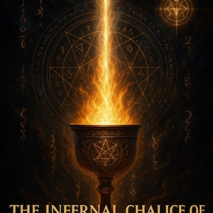 Puede incluir: Ilustración digital de un cáliz con llamas, sobre un fondo oscuro con símbolos esotéricos. El texto "THE INFERNAL CHALICE OF SITRA AHRA" se muestra debajo.