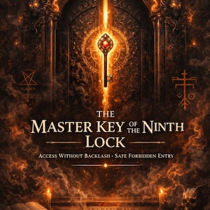 Könnte beinhalten: Digitales Kunstwerk mit einem leuchtenden Schlüssel, der in eine Tür hinabsteigt, mit dem Text "The Master Key of the Ninth Lock". Das Bild hat ein dunkles, mystisches Thema mit aufwendigen Details und feurigen Akzenten.