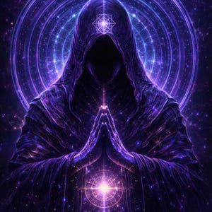 May include: Digital art of a robed figure with hands clasped in prayer, set against a cosmic background. The figure is cloaked in deep purple, with a glowing light emanating from the center and a geometric symbol on the hood.