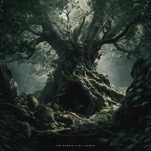 Pode incluir: Impressão de arte digital de uma grande árvore antiga em uma floresta exuberante. O tronco e os galhos da árvore são cobertos de musgo e vegetação, com a luz do sol filtrando pelas folhas. A imagem tem uma atmosfera sombria.