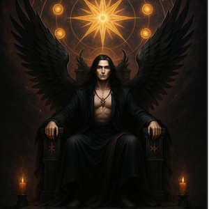 Puede incluir: Ilustración digital de una figura con cabello largo y oscuro, sentada en un trono, con grandes alas negras. La figura lleva una túnica negra y un collar. La imagen incluye el texto "THE LUFICERIAN THRONE OF THE NINE RADIANT SHADOWS".