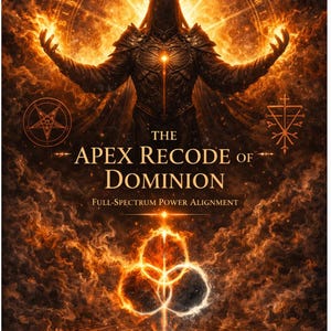 Peut inclure: Illustration numérique aux tons orange et or flamboyants, représentant une figure en robe couronnée, les bras tendus. Le texte "THE APEX RECODE OF DOMINION" et "FULL-SPECTRUM POWER ALIGNMENT" est visible, ainsi qu'un pentagramme et d'autres symboles mystiques.