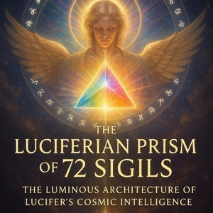 Puede incluir: Imagen de arte digital que presenta una figura celestial con alas doradas y un halo, centrada sobre un prisma colorido. El texto dice "The Luciferian Prism of 72 Sigils" con texto adicional debajo. El fondo es un cielo oscuro y estrellado.