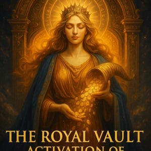 Op de afbeelding: Illustratie van een vrouw met lang, golvend blond haar, gekleed in een gouden kroon en gewaad, die een hoorn des overvloeds vol gouden munten vasthoudt. De tekst luidt: "THE ROYAL VAULT ACTIVATION OF TYCHE & FORTUNA."