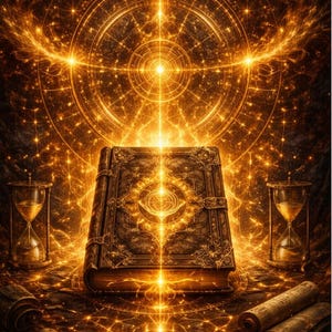 Peut inclure: Image illuminée d'un grand livre orné avec un symbole d'œil brillant sur la couverture. Des sabliers encadrent le livre, et des parchemins sont dispersés en dessous. Le fond présente un motif complexe de lumière dorée.