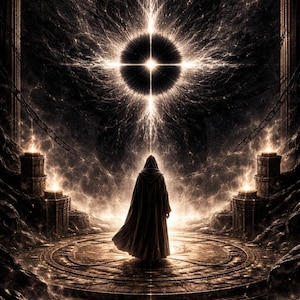 Puede incluir: Arte digital que representa una figura con túnica de pie sobre una plataforma circular, frente a una luz brillante en forma de cruz. La escena es oscura con una atmósfera mística, con columnas de piedra y cadenas.