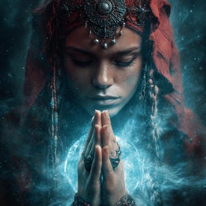 May include: A digital art image of a person with closed eyes, hands clasped in prayer, and adorned with ornate headwear. The person is surrounded by a blue, glowing energy field, with a red head covering and intricate jewelry.