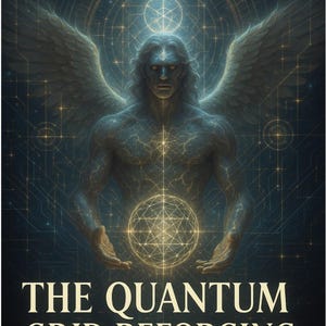 May include: Digital art print featuring a muscular figure with large wings, holding a glowing geometric sphere. The figure is set against a dark blue background with a network of lines and circles. Text at the bottom reads "THE QUANTUM GRID REFORGING" and "GOETIA HOUSE".