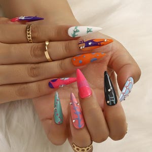 Handmade Halloween Press On Nails, Neon Spiderwebs, Rhinestone Coffin Nails