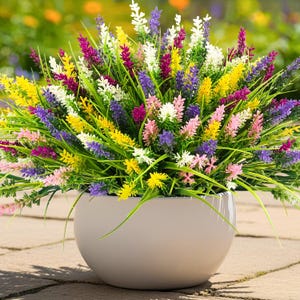 10 Bundle Faux Monkey Grass & Flowers | Mixed Color Artificial Outdoor Porch Planter Decor