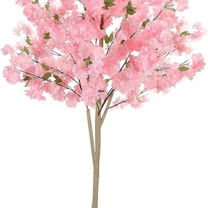 May include: A tall, artificial cherry blossom tree with a slender, light brown trunk and a full canopy of pink flowers. The tree is set in a black pot, creating a vibrant and decorative accent.