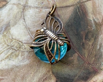 Vintage RARE Butterfly Aquamarine Czech Glass UPCYCLED Solid Brass Filigree Pendant - REF 2829