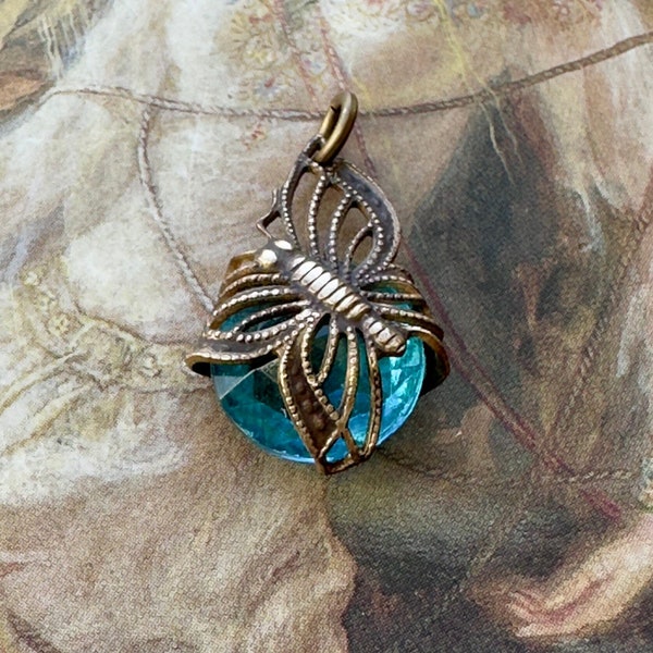 vintage RARE Butterfly Aquamarine Czech Glass UPCYCLED Solid Brass Filigree Pendant - REF 2829