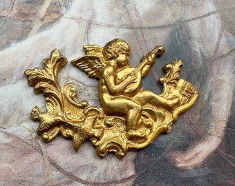 Vintage Rare Winged Cherub Pendant Very Old Solid Brass Mandolin Birds Garden Stamping - REF 4241