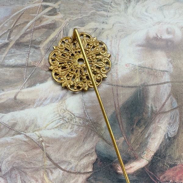 Vintage Filigree Stick Pin Rich Gold Plated Art DECO Ornate Old Designer Stock Solid Brass Stick Pin Round - REF 4254