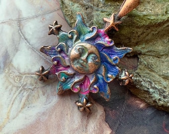 Vintage Hand Enameled Sun Face Pendant Necklace Cold Enamel Purples Double Sided 1” - REF 4873