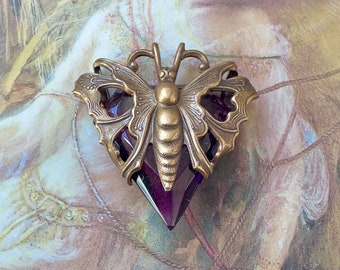 Vintage RARE Butterfly Amethyst Purple Czech Glass UPCYCLED Solid Brass Filigree Pendant - REF 3683D