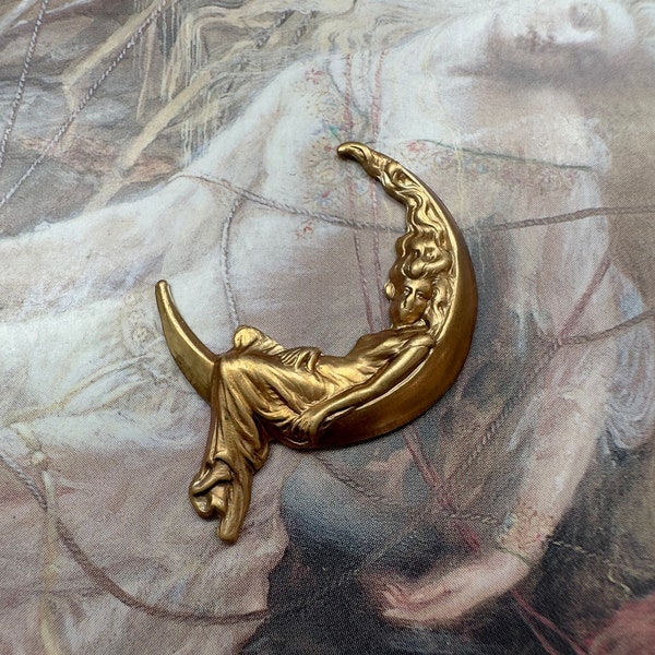Vintage Solid Brass Moon Goddess Woman Lady In The Moon Art Nouveau Detailed Piece Pendant Findings Stampings - REF 4121