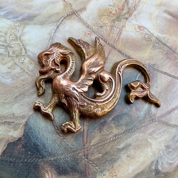 Vintage Solid Brass Mythical Dragon Charm Pendant Necklace Bracelet Stamping - REF 4151