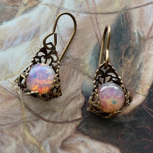 Vintage RARE Art Deco Czech Opalescent Faux Opal Glass Handset Filigree UPCYCLED Earrings - REF 3514
