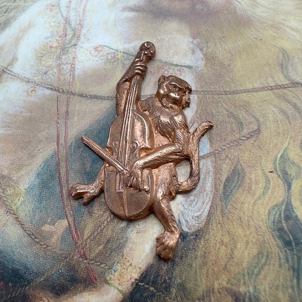 Vintage Rare Very Old Solid Brass Monkey Playing Cello Pendant Findings Stampings Decor Jewelry - REF 4193