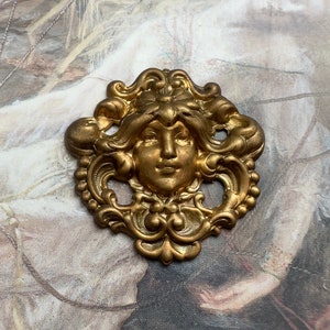 Vintage Solid Brass Art Nouveau Woman Very Old Bold Raised Detailed Piece Pendant Findings Stampings - REF 4250