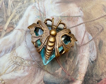Vintage RARE Butterfly Aquamarine Czech Glass UPCYCLED Solid Brass Filigree Pendant - REF 3683