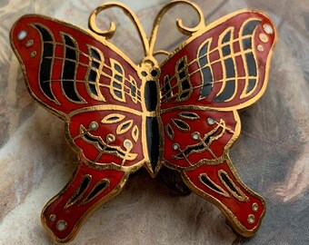 Vintage BUTTERFLY Awesome Enamel Cloisonne Brooch Pin Pendant Necklace NOS Old Stock Mint - REF 353
