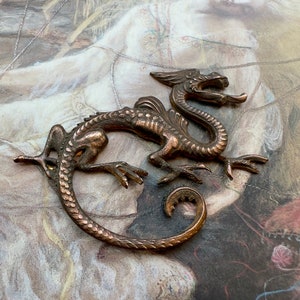 Vintage RARE Very Old Brass Art Deco DRAGON Pendant Findings Stampings Mythical Ornate Repousse - REF 4087