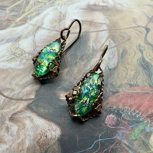 Vintage RARE Art Deco Czech Green Opalescent Faux Opal Glass Handset Filigree UPCYCLED Earrings - REF 3516