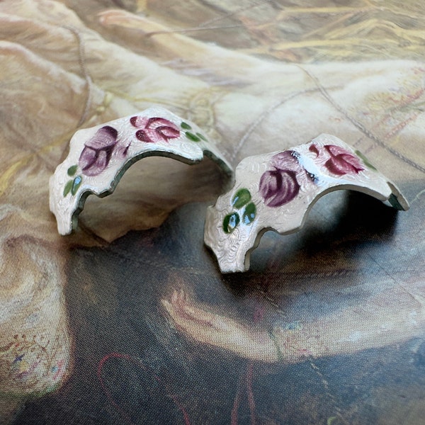 Vintage Enamel Arched White Guilloche Enamel Roses Ornate Pieces For Rings Earrings Decor - REF 3953