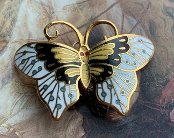 Vintage BUTTERFLY Awesome Enamel Cloisonne Brooch Pin Pendant Necklace NOS Old Stock Mint - REF 356