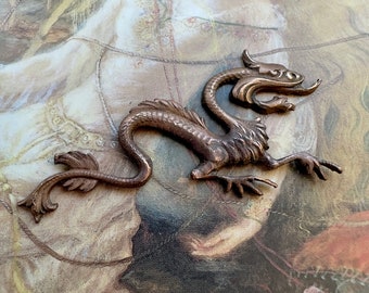 Vintage RARE Very Old Brass Art Nouveau DRAGON Pendant Findings Stampings Mythical Ornate Repousse - REF 4132