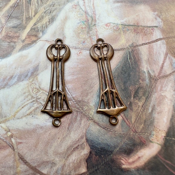 2 Vintage Art Deco Old Brass Filigree Connector Pendant Drop Pieces Findings Stampings - REF 4122