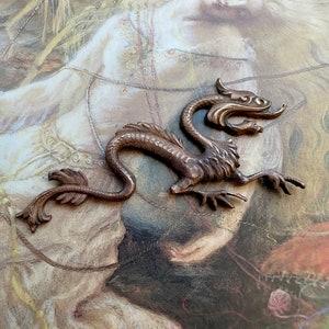 Vintage RARE Very Old Brass Art Nouveau DRAGON Pendant Findings Stampings Mythical Ornate Repousse - REF 4132