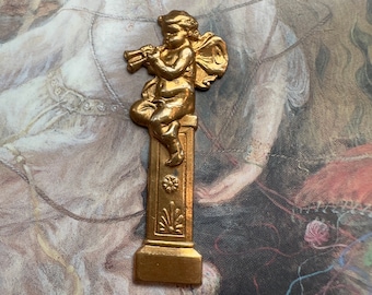 Vintage Rare Winged Cupid Cherub Trumpet Music Art Deco Column Old Solid Brass Repousse Pendant Finding Stamping Gorgeous - REF 4242