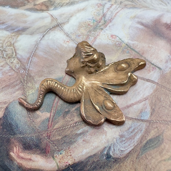 Vintage Rare Very Old Solid Brass Winged Fairy Dragonfly Body Art Nouveau Repousse Pendant Finding Stamping - REF 3990