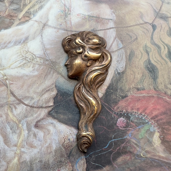Vintage Rare Very Old Solid Brass Art Nouveau Woman Goddess Bold Raised Pendant Findings Stamping Decor - REF 4098