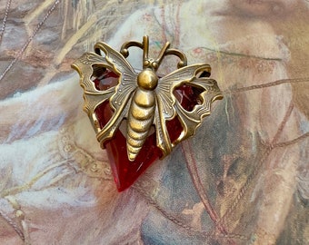 Vintage RARE Butterfly Ruby Red Czech Glass UPCYCLED Solid Brass Filigree Pendant - REF 3683C