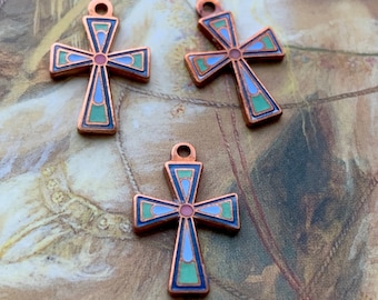 3 Vintage Rare OLD Little Enamel Crosses Charms Pendants Bracelet Necklace Earrings - REF 1725