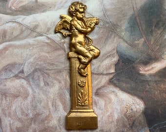 Vintage Rare Winged Cupid Cherub Musical Instrument Deco Column Old Solid Brass Repousse Pendant Facing Right Stamping Gorgeous - REF 4243